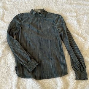 Beautiful dressy velvety ribbed mock neck gathered shoulder top shirt